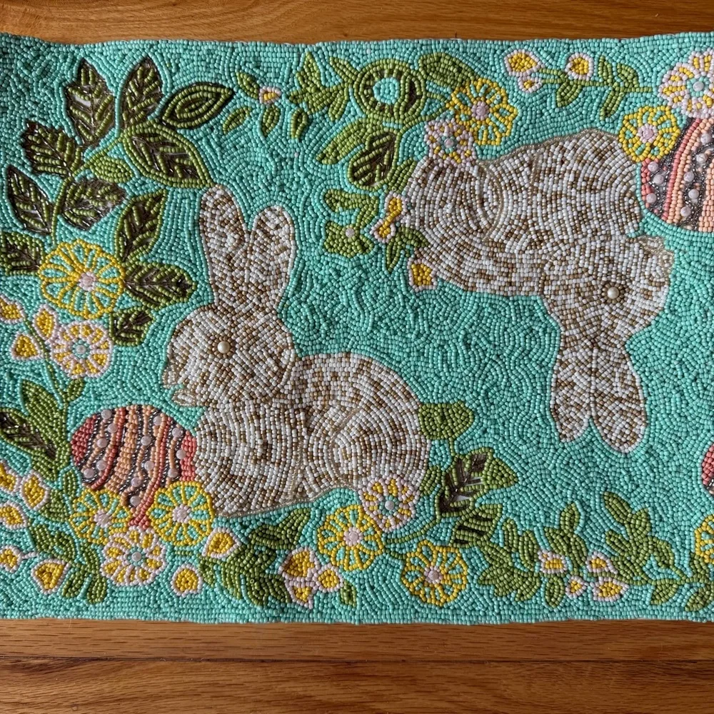 Pier 1 Beaded Table Runner Bunny Rabbit Spring Easter Egg Heavy 14